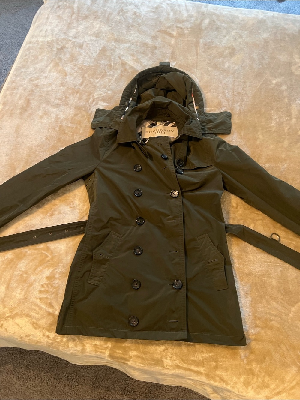 Burberry Dark Olive Hooded Double-Breasted Trench Coat